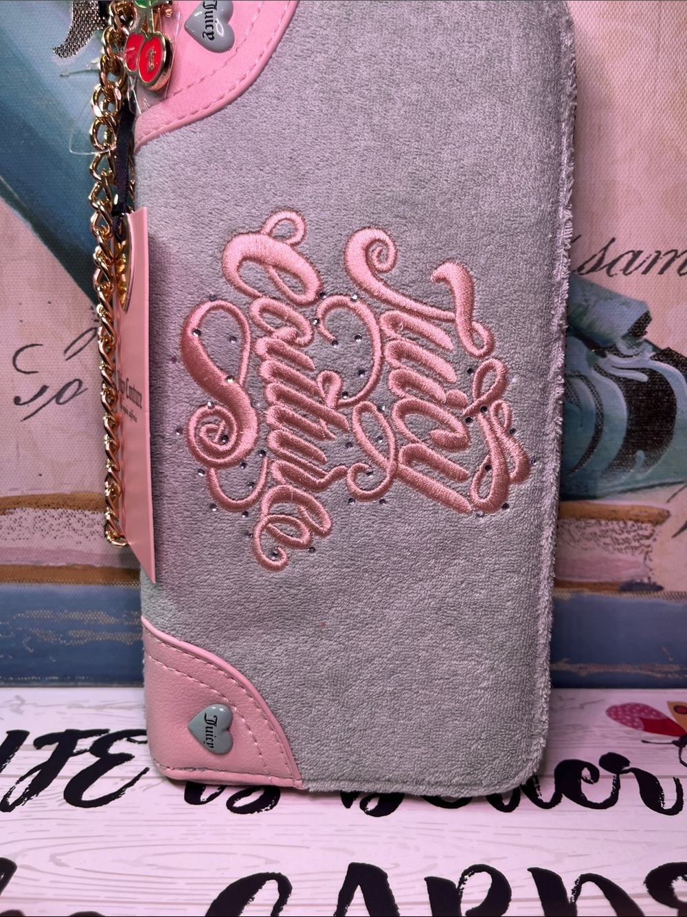 Juicy Couture Pink and Frosty Green Embroidered Chain zip wallet